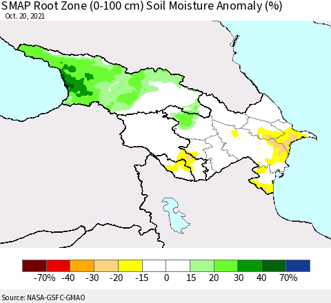 Azerbaijan, Armenia and Georgia SMAP Root Zone (0-100 cm) Soil Moisture Anomaly (%) Thematic Map For 10/16/2021 - 10/20/2021