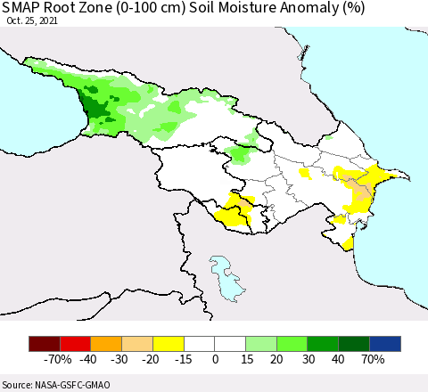 Azerbaijan, Armenia and Georgia SMAP Root Zone (0-100 cm) Soil Moisture Anomaly (%) Thematic Map For 10/21/2021 - 10/25/2021