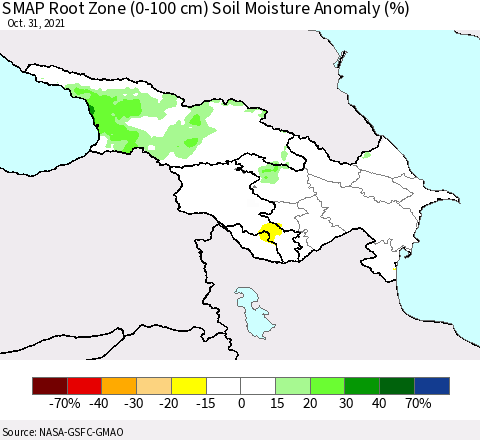 Azerbaijan, Armenia and Georgia SMAP Root Zone (0-100 cm) Soil Moisture Anomaly (%) Thematic Map For 10/26/2021 - 10/31/2021