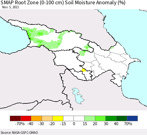 Azerbaijan, Armenia and Georgia SMAP Root Zone (0-100 cm) Soil Moisture Anomaly (%) Thematic Map For 11/1/2021 - 11/5/2021