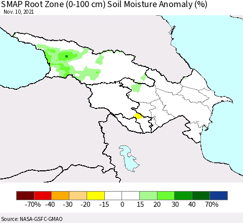 Azerbaijan, Armenia and Georgia SMAP Root Zone (0-100 cm) Soil Moisture Anomaly (%) Thematic Map For 11/6/2021 - 11/10/2021