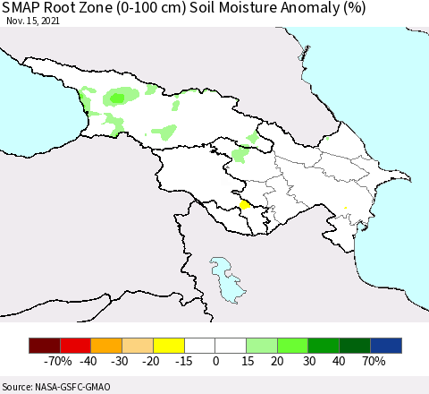 Azerbaijan, Armenia and Georgia SMAP Root Zone (0-100 cm) Soil Moisture Anomaly (%) Thematic Map For 11/11/2021 - 11/15/2021