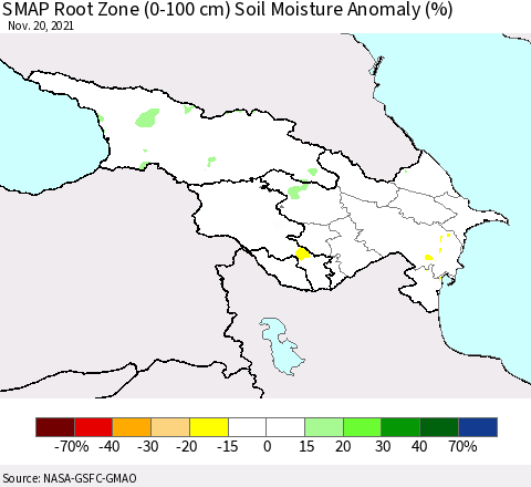 Azerbaijan, Armenia and Georgia SMAP Root Zone (0-100 cm) Soil Moisture Anomaly (%) Thematic Map For 11/16/2021 - 11/20/2021