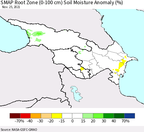 Azerbaijan, Armenia and Georgia SMAP Root Zone (0-100 cm) Soil Moisture Anomaly (%) Thematic Map For 11/21/2021 - 11/25/2021