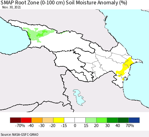 Azerbaijan, Armenia and Georgia SMAP Root Zone (0-100 cm) Soil Moisture Anomaly (%) Thematic Map For 11/26/2021 - 11/30/2021