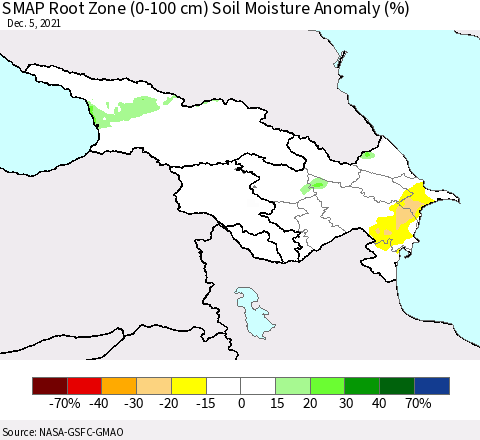 Azerbaijan, Armenia and Georgia SMAP Root Zone (0-100 cm) Soil Moisture Anomaly (%) Thematic Map For 12/1/2021 - 12/5/2021
