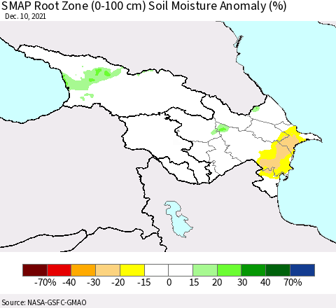 Azerbaijan, Armenia and Georgia SMAP Root Zone (0-100 cm) Soil Moisture Anomaly (%) Thematic Map For 12/6/2021 - 12/10/2021