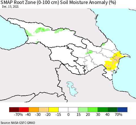 Azerbaijan, Armenia and Georgia SMAP Root Zone (0-100 cm) Soil Moisture Anomaly (%) Thematic Map For 12/11/2021 - 12/15/2021