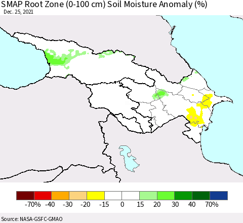 Azerbaijan, Armenia and Georgia SMAP Root Zone (0-100 cm) Soil Moisture Anomaly (%) Thematic Map For 12/21/2021 - 12/25/2021