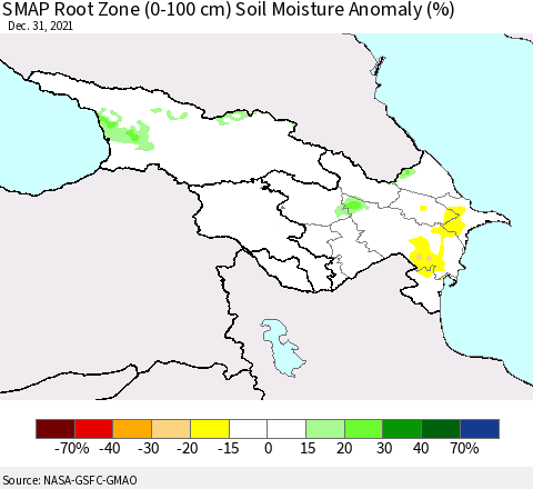 Azerbaijan, Armenia and Georgia SMAP Root Zone (0-100 cm) Soil Moisture Anomaly (%) Thematic Map For 12/26/2021 - 12/31/2021