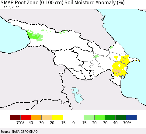 Azerbaijan, Armenia and Georgia SMAP Root Zone (0-100 cm) Soil Moisture Anomaly (%) Thematic Map For 1/1/2022 - 1/5/2022
