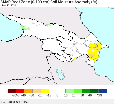 Azerbaijan, Armenia and Georgia SMAP Root Zone (0-100 cm) Soil Moisture Anomaly (%) Thematic Map For 1/6/2022 - 1/10/2022