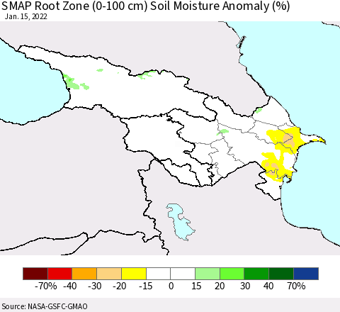 Azerbaijan, Armenia and Georgia SMAP Root Zone (0-100 cm) Soil Moisture Anomaly (%) Thematic Map For 1/11/2022 - 1/15/2022