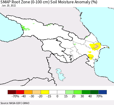 Azerbaijan, Armenia and Georgia SMAP Root Zone (0-100 cm) Soil Moisture Anomaly (%) Thematic Map For 1/16/2022 - 1/20/2022