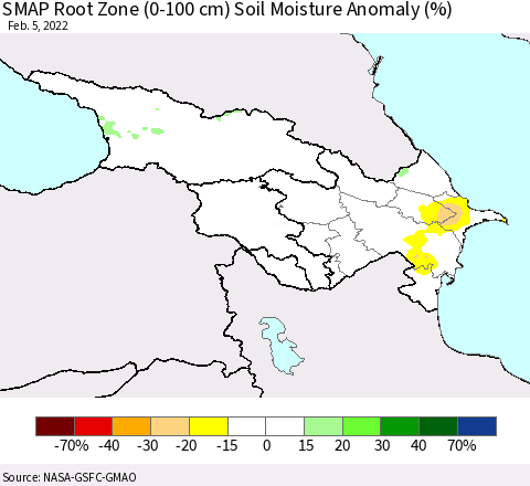 Azerbaijan, Armenia and Georgia SMAP Root Zone (0-100 cm) Soil Moisture Anomaly (%) Thematic Map For 2/1/2022 - 2/5/2022