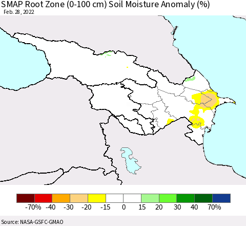 Azerbaijan, Armenia and Georgia SMAP Root Zone (0-100 cm) Soil Moisture Anomaly (%) Thematic Map For 2/26/2022 - 2/28/2022