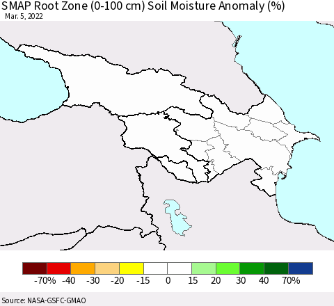 Azerbaijan, Armenia and Georgia SMAP Root Zone (0-100 cm) Soil Moisture Anomaly (%) Thematic Map For 3/1/2022 - 3/5/2022