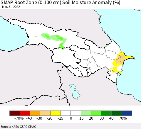 Azerbaijan, Armenia and Georgia SMAP Root Zone (0-100 cm) Soil Moisture Anomaly (%) Thematic Map For 3/26/2022 - 3/31/2022