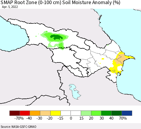 Azerbaijan, Armenia and Georgia SMAP Root Zone (0-100 cm) Soil Moisture Anomaly (%) Thematic Map For 4/1/2022 - 4/5/2022