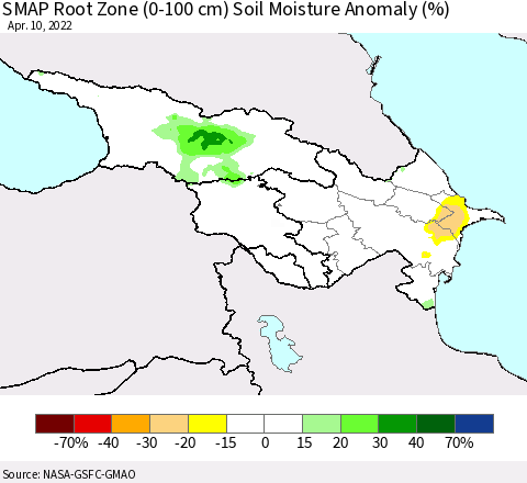 Azerbaijan, Armenia and Georgia SMAP Root Zone (0-100 cm) Soil Moisture Anomaly (%) Thematic Map For 4/6/2022 - 4/10/2022