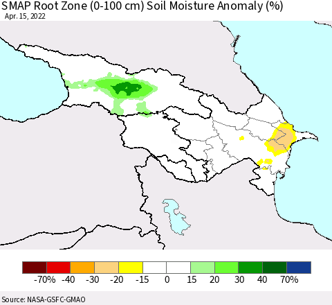 Azerbaijan, Armenia and Georgia SMAP Root Zone (0-100 cm) Soil Moisture Anomaly (%) Thematic Map For 4/11/2022 - 4/15/2022