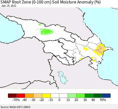 Azerbaijan, Armenia and Georgia SMAP Root Zone (0-100 cm) Soil Moisture Anomaly (%) Thematic Map For 4/21/2022 - 4/25/2022