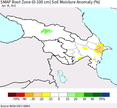 Azerbaijan, Armenia and Georgia SMAP Root Zone (0-100 cm) Soil Moisture Anomaly (%) Thematic Map For 4/26/2022 - 4/30/2022