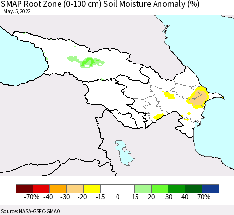 Azerbaijan, Armenia and Georgia SMAP Root Zone (0-100 cm) Soil Moisture Anomaly (%) Thematic Map For 5/1/2022 - 5/5/2022