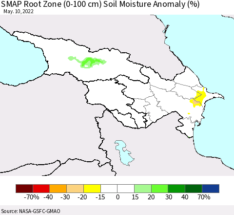 Azerbaijan, Armenia and Georgia SMAP Root Zone (0-100 cm) Soil Moisture Anomaly (%) Thematic Map For 5/6/2022 - 5/10/2022
