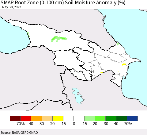 Azerbaijan, Armenia and Georgia SMAP Root Zone (0-100 cm) Soil Moisture Anomaly (%) Thematic Map For 5/16/2022 - 5/20/2022