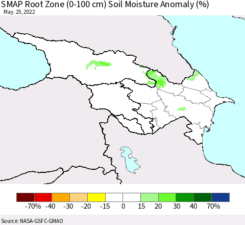 Azerbaijan, Armenia and Georgia SMAP Root Zone (0-100 cm) Soil Moisture Anomaly (%) Thematic Map For 5/21/2022 - 5/25/2022