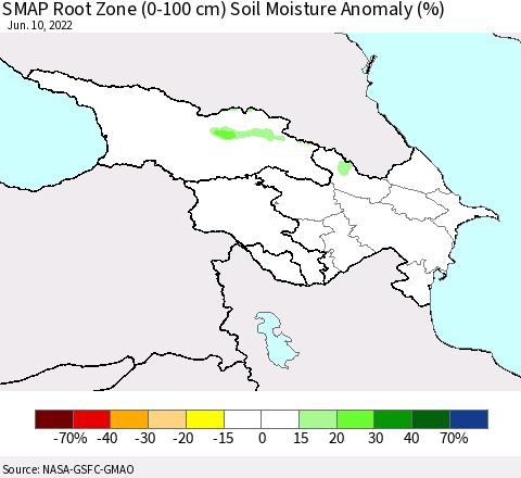 Azerbaijan, Armenia and Georgia SMAP Root Zone (0-100 cm) Soil Moisture Anomaly (%) Thematic Map For 6/6/2022 - 6/10/2022