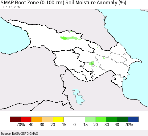 Azerbaijan, Armenia and Georgia SMAP Root Zone (0-100 cm) Soil Moisture Anomaly (%) Thematic Map For 6/11/2022 - 6/15/2022