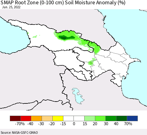 Azerbaijan, Armenia and Georgia SMAP Root Zone (0-100 cm) Soil Moisture Anomaly (%) Thematic Map For 6/21/2022 - 6/25/2022