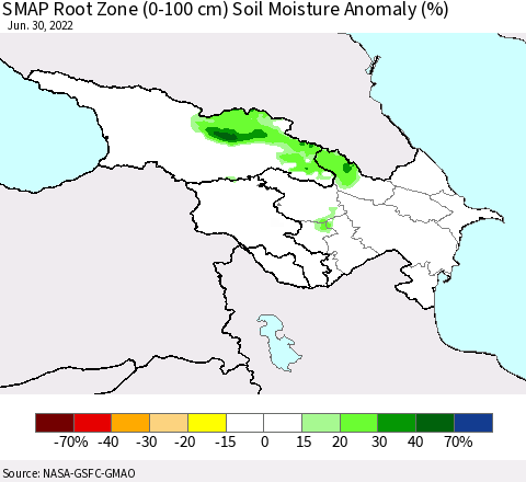 Azerbaijan, Armenia and Georgia SMAP Root Zone (0-100 cm) Soil Moisture Anomaly (%) Thematic Map For 6/26/2022 - 6/30/2022