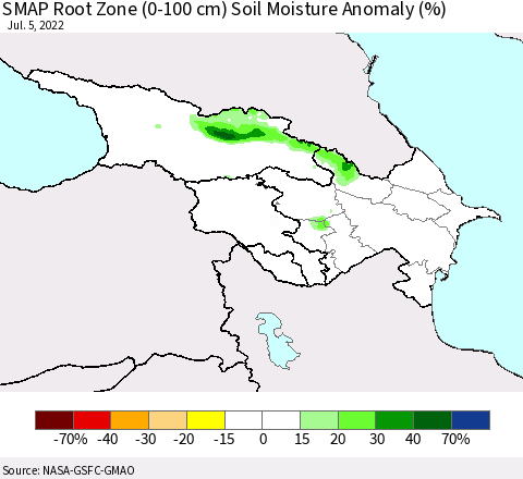 Azerbaijan, Armenia and Georgia SMAP Root Zone (0-100 cm) Soil Moisture Anomaly (%) Thematic Map For 7/1/2022 - 7/5/2022