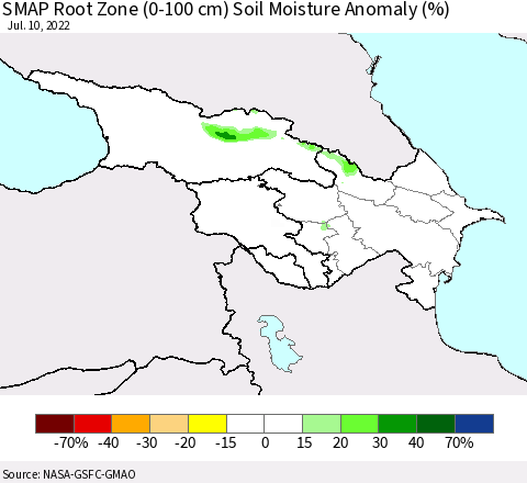 Azerbaijan, Armenia and Georgia SMAP Root Zone (0-100 cm) Soil Moisture Anomaly (%) Thematic Map For 7/6/2022 - 7/10/2022