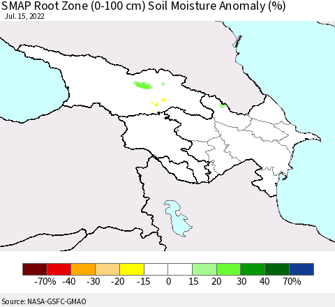 Azerbaijan, Armenia and Georgia SMAP Root Zone (0-100 cm) Soil Moisture Anomaly (%) Thematic Map For 7/11/2022 - 7/15/2022