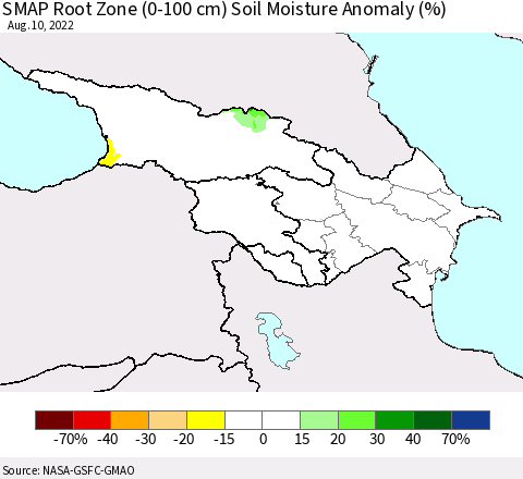 Azerbaijan, Armenia and Georgia SMAP Root Zone (0-100 cm) Soil Moisture Anomaly (%) Thematic Map For 8/6/2022 - 8/10/2022