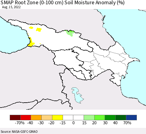 Azerbaijan, Armenia and Georgia SMAP Root Zone (0-100 cm) Soil Moisture Anomaly (%) Thematic Map For 8/11/2022 - 8/15/2022