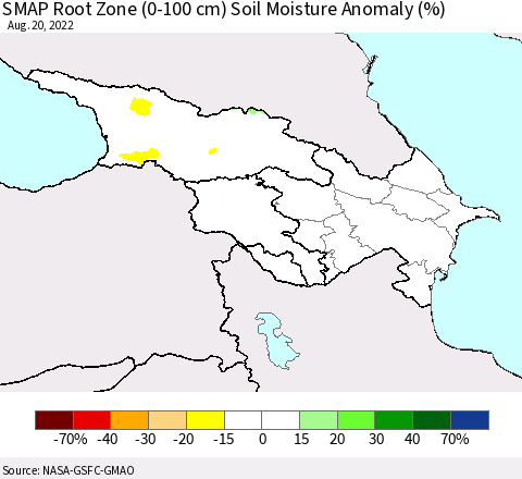 Azerbaijan, Armenia and Georgia SMAP Root Zone (0-100 cm) Soil Moisture Anomaly (%) Thematic Map For 8/16/2022 - 8/20/2022