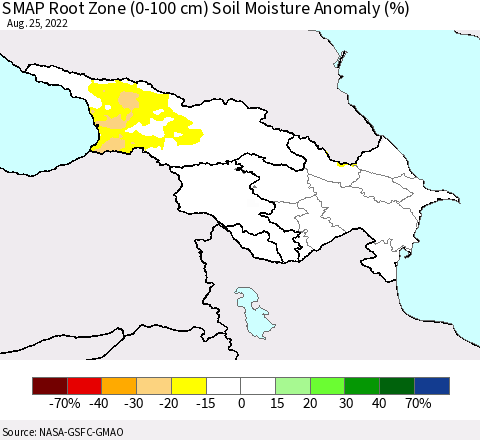 Azerbaijan, Armenia and Georgia SMAP Root Zone (0-100 cm) Soil Moisture Anomaly (%) Thematic Map For 8/21/2022 - 8/25/2022