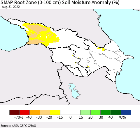 Azerbaijan, Armenia and Georgia SMAP Root Zone (0-100 cm) Soil Moisture Anomaly (%) Thematic Map For 8/26/2022 - 8/31/2022