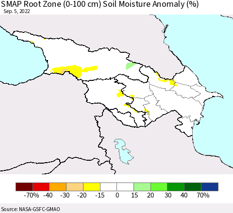 Azerbaijan, Armenia and Georgia SMAP Root Zone (0-100 cm) Soil Moisture Anomaly (%) Thematic Map For 9/1/2022 - 9/5/2022