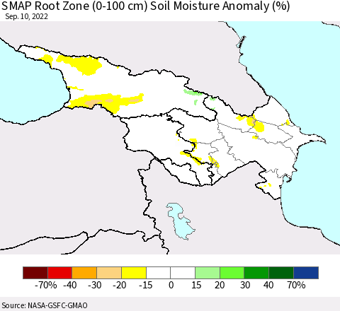 Azerbaijan, Armenia and Georgia SMAP Root Zone (0-100 cm) Soil Moisture Anomaly (%) Thematic Map For 9/6/2022 - 9/10/2022