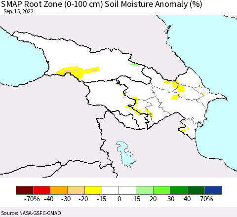 Azerbaijan, Armenia and Georgia SMAP Root Zone (0-100 cm) Soil Moisture Anomaly (%) Thematic Map For 9/11/2022 - 9/15/2022