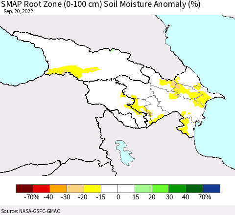 Azerbaijan, Armenia and Georgia SMAP Root Zone (0-100 cm) Soil Moisture Anomaly (%) Thematic Map For 9/16/2022 - 9/20/2022