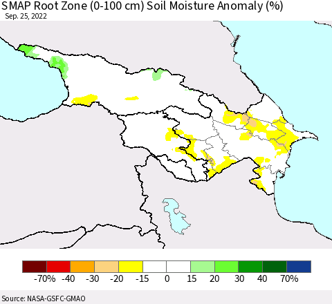 Azerbaijan, Armenia and Georgia SMAP Root Zone (0-100 cm) Soil Moisture Anomaly (%) Thematic Map For 9/21/2022 - 9/25/2022