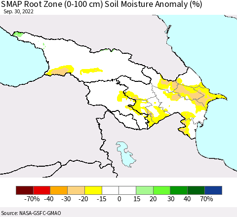 Azerbaijan, Armenia and Georgia SMAP Root Zone (0-100 cm) Soil Moisture Anomaly (%) Thematic Map For 9/26/2022 - 9/30/2022