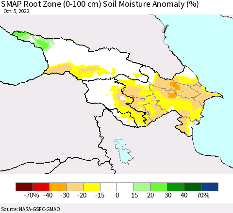 Azerbaijan, Armenia and Georgia SMAP Root Zone (0-100 cm) Soil Moisture Anomaly (%) Thematic Map For 10/1/2022 - 10/5/2022